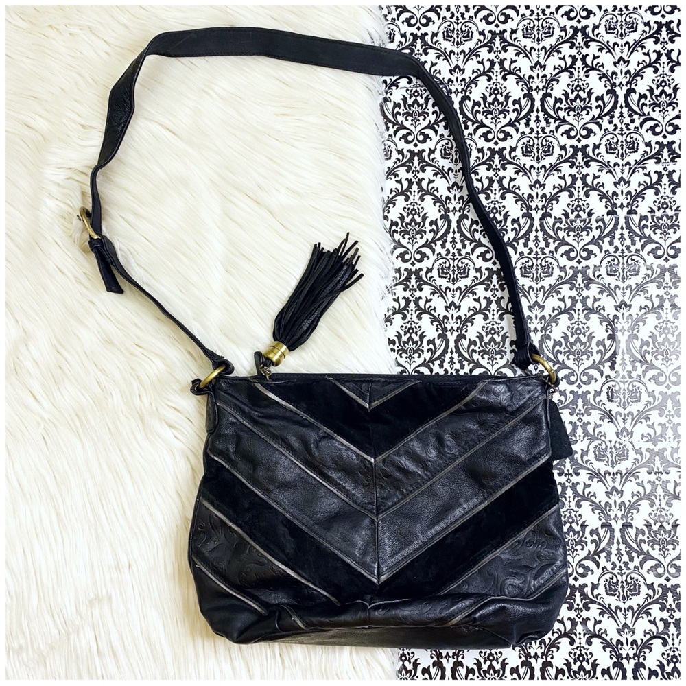 VINTAGE St. John’s Bay chevron paisley print leather & suede tassel bag handbag